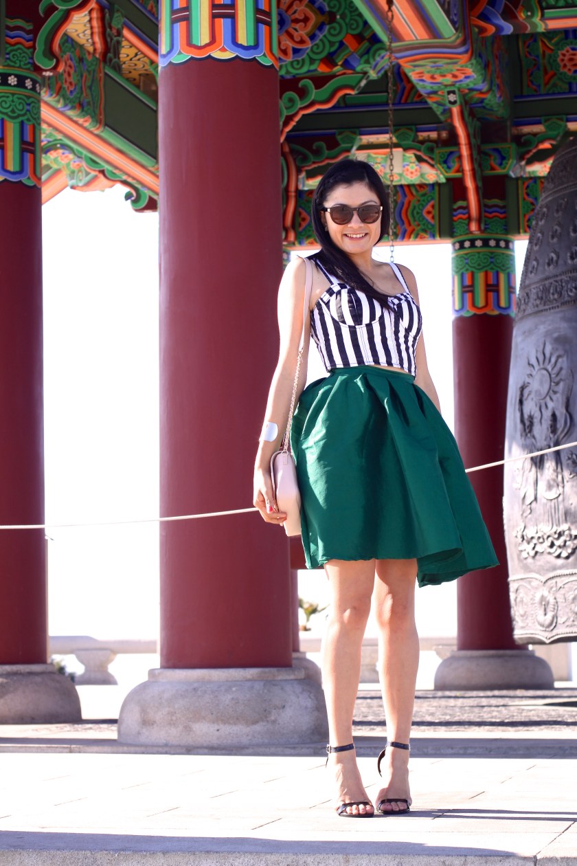 {Sheinside.com Green skirt, Forever 21 Stripped Corset top and bag, Olsenboye Only at Jcpenny strappy heels. Target sunglasses}